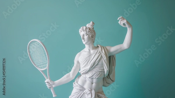 Obraz Ancient greek god white sculpture with tennis racket isolated on color background