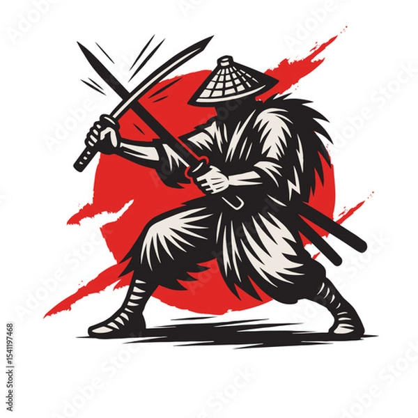 Fototapeta Silhouette of a Ninja Warrior with Katana and Conical Hat against Red Sun