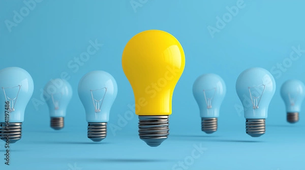 Obraz Light bulb yellow floating outstanding among lightbulb light blue on background. Concept of creative idea and innovation, Unique, Think different,