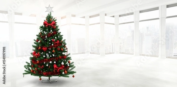 Fototapeta Flat design decorated Christmas tree is standing in showroom with windows, red bows and silver star