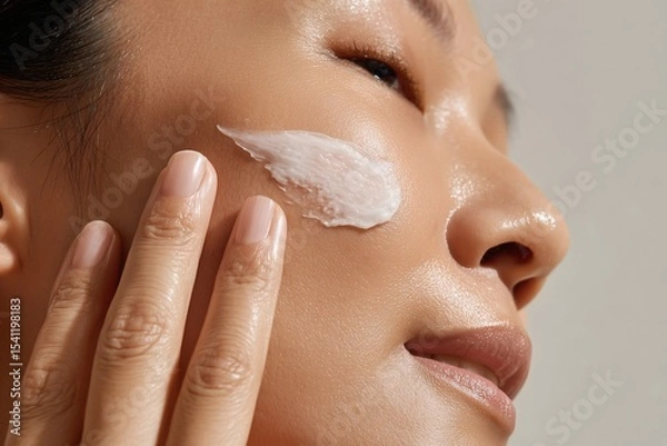 Fototapeta Woman applying cream to face for skin care. Close up of a woman's face and hand. Routine skincare practice.