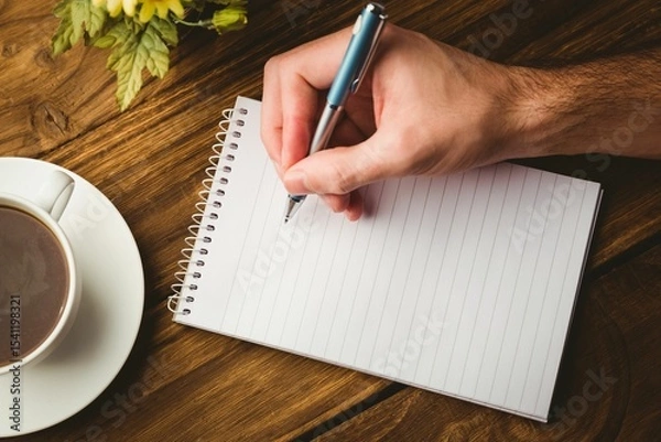 Obraz Cropped hand writing in book by coffee cup on table