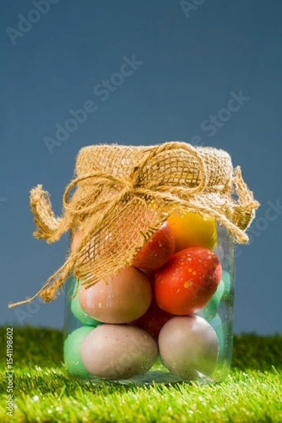 Fototapeta Easter eggs in jar on field