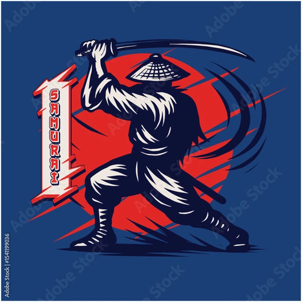 Fototapeta Silhouette of a Ninja Warrior with Katana and Conical Hat against Red Sun