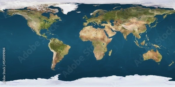 Obraz World map projection is showing continents, oceans, ice caps in flat design, transparent background