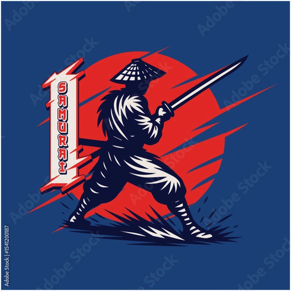 Fototapeta Silhouette of a Ninja Warrior with Katana and Conical Hat against Red Sun
