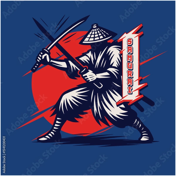 Fototapeta Silhouette of a Ninja Warrior with Katana and Conical Hat against Red Sun