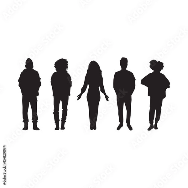 Fototapeta Silhouettes of Diverse People Standing in a Row.A clean, minimalist image showcasing five diverse figures in silhouette.