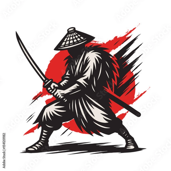 Fototapeta Silhouette of a Ninja Warrior with Katana and Conical Hat against Red Sun