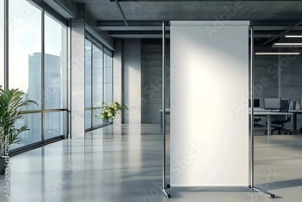 Fototapeta Blank Roll-Up Banner Placed Strategically Inside Contemporary Office Interior