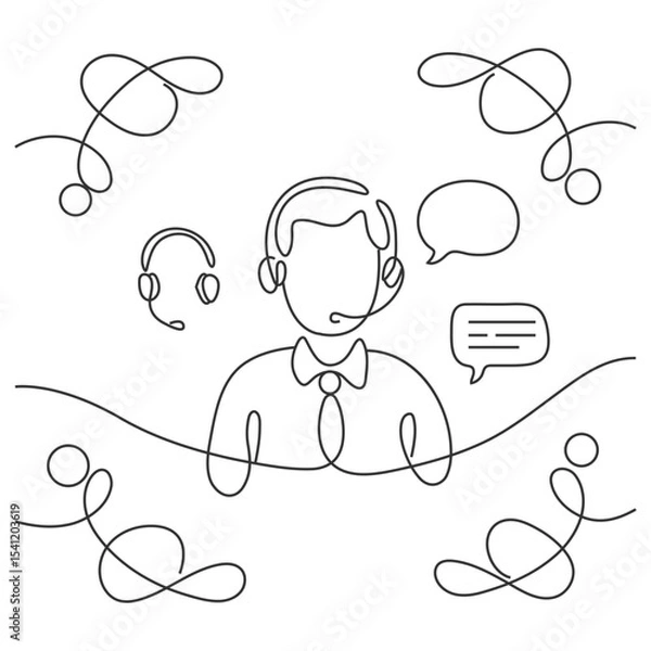Fototapeta Single one line drawing, young happy male call center worker answering complaint from customer or client kindly. Helpdesk center care concept. Continuous line draw design graphic vector illustration.