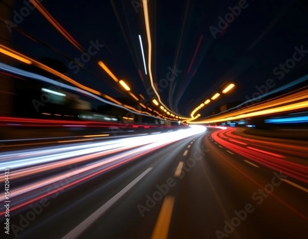 Fototapeta speeding light trails in motion blur on dark background position subject at the top with clear copy space at the bottom.