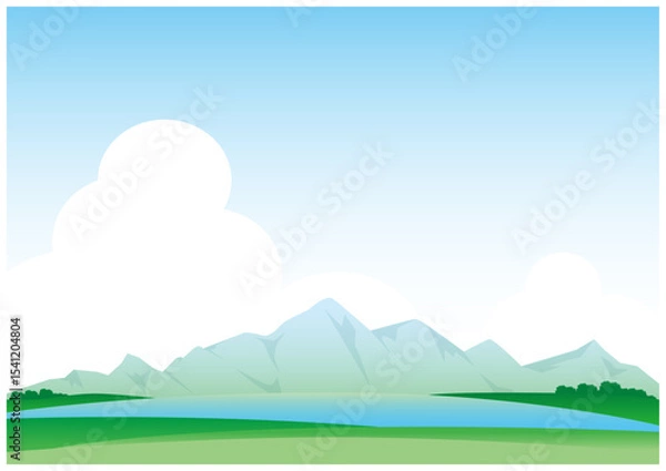 Obraz 山と空と湖のある背景イラスト