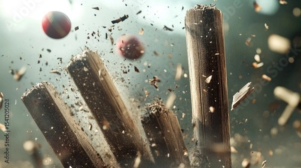 Fototapeta 3d render Cricket Wicket Destruction: Intense Action Photo AI generative