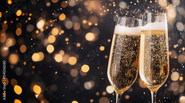 Obraz Celebratory champagne flutes with sparkling bokeh background