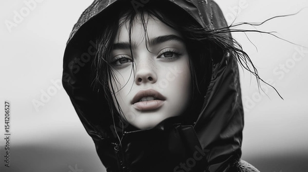 Obraz Moody portrait of a young woman in a rain jacket