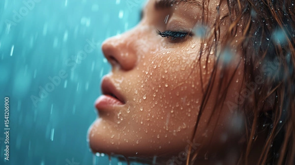 Obraz Close-up of a woman in rain with droplets on her skin