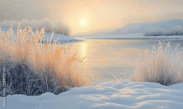 Fototapeta peaceful snowy meadow at sunrise, with the first light of day reflecting off frost-covered grass, Generative AI