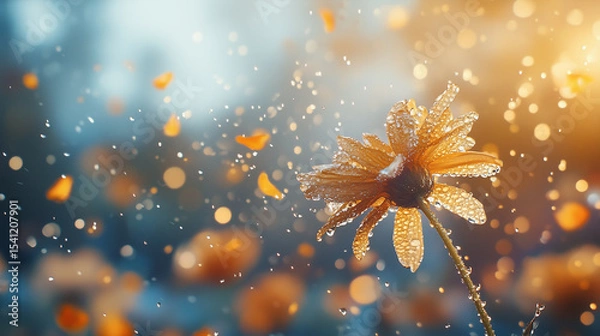 Obraz Drenched flower glistening in sunlight with falling petals