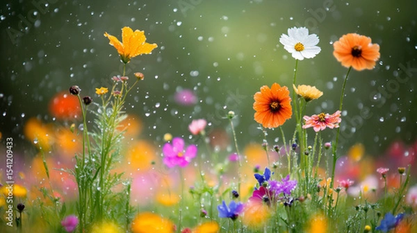 Obraz Vibrant wildflowers in the rain with sparkling droplets