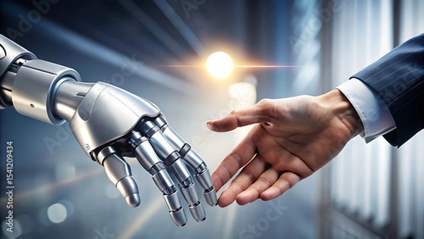 Fototapeta Futuristic business partnership with handshake. human and robot shake hand to collaborate