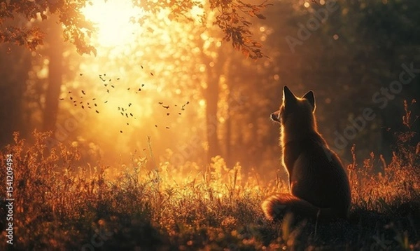 Fototapeta serene sunrise over a quiet forest clearing with a fox watching from the shadows and birds singing softly, Generative AI