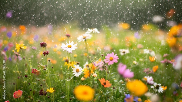 Obraz Colorful wildflowers blooming in a gentle rain