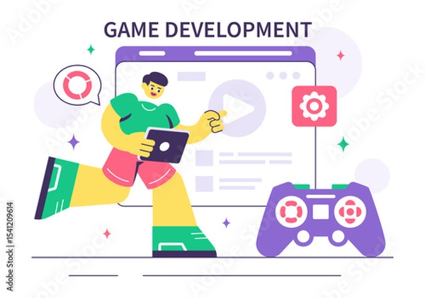 Fototapeta Game Development Vector Illustration Featuring Games, Digital Technology, Programming, and Coding for the Technical Aspects of Creating Video Games