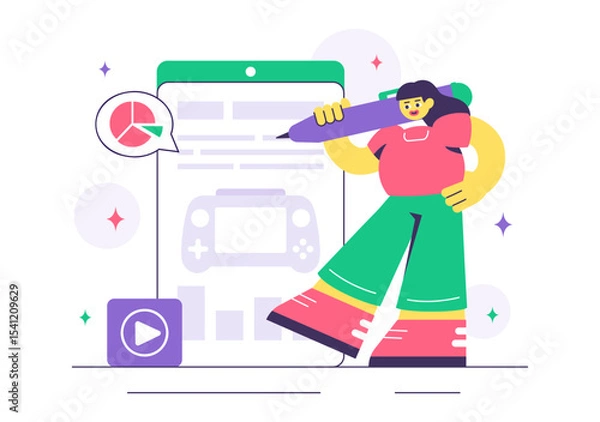 Fototapeta Game Development Vector Illustration Featuring Games, Digital Technology, Programming, and Coding for the Technical Aspects of Creating Video Games