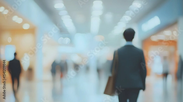 Fototapeta blurred bussines people walking at a trade fair comerce, background with copyspace