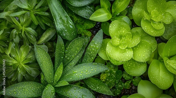 Obraz Lush green plants with raindrops in a vibrant garden setting