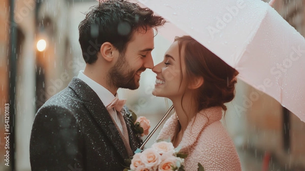 Obraz Romantic couple sharing a joyful moment under an umbrella in the rain