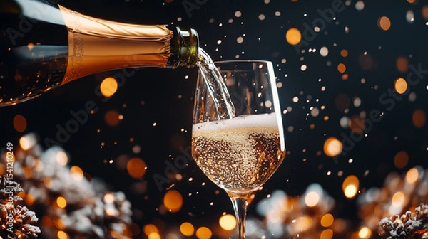 Obraz Sparkling champagne pouring into a festive glass