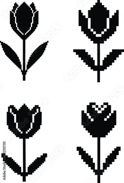 Obraz Pixel-style tulip vector set - 4 floral 8-bit silhouettes, EPS JPEG PNG