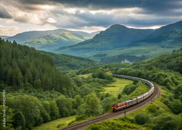 Obraz Scenic Railway Journey: A picturesque train snakes its way through a lush, verdant valley, winding around rolling hills under a dramatic, cloudy sky.