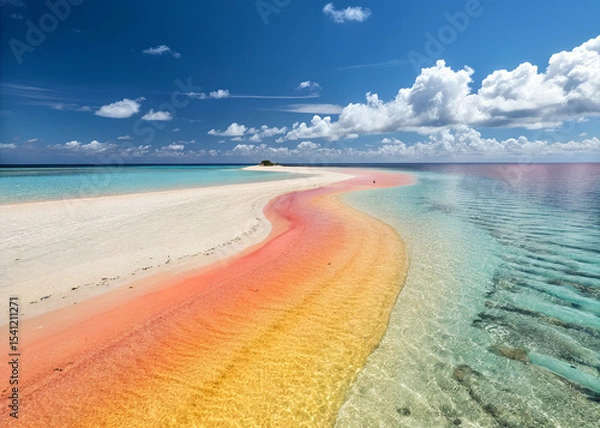 Obraz Ethereal Seascape: A breathtaking aerial view of an island sandbar stretching out into the vast ocean, with its vibrant hues, serene sky and crystal-clear water.