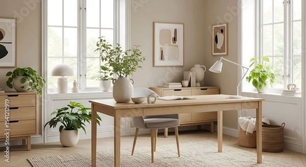 Fototapeta Light Oak Home Office Design featuring Natural Decor Plants and Soft Lighting creating a Calm Workspace