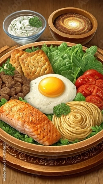 Fototapeta Rustic Wooden Bowl of Pan Seared Salmon, Fried Egg, and Sauteed Vegetables