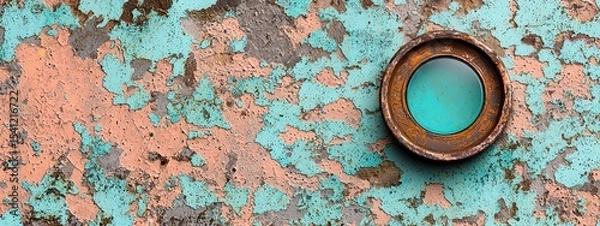 Fototapeta Rusty Circular Metal on Weathered Turquoise and Peach Background