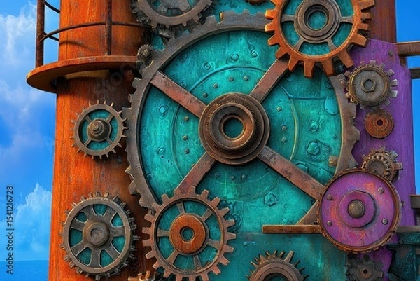 Fototapeta Rusty Clockwork Gears Steampunk Design Teal Purple Background