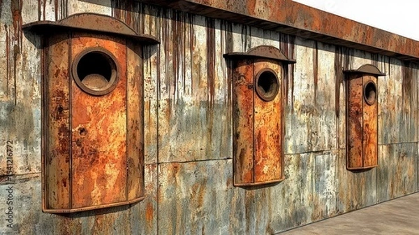 Fototapeta Rusty Metal Cylinders on Weathered Concrete Wall