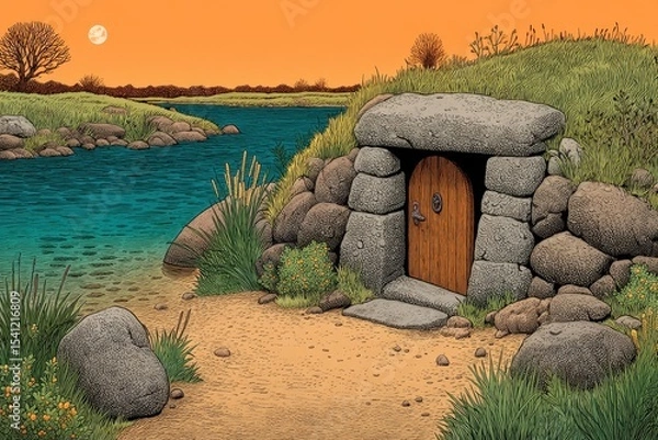 Fototapeta Secluded Stone Structure by Teal River at Sunset