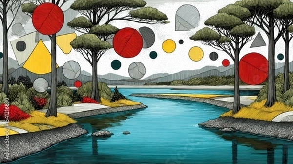 Fototapeta Serene Abstract Landscape with River and Geometric Shapes