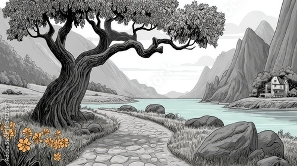 Fototapeta Serene Grayscale Landscape Winding Path, River, and Mountains