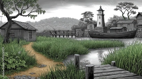 Fototapeta Serene Grayscale Village Landscape with Green Vegetation and Lighthouse