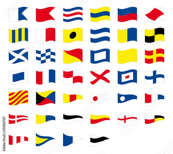 Fototapeta International maritime signal nautical waving flags, isolated on white background