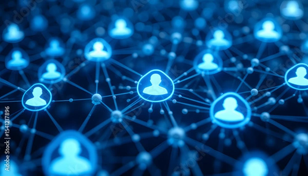 Fototapeta Title: Blue Network of Connected People Icons on Dark Background, Concept of Digital Communication and Social Connectivity