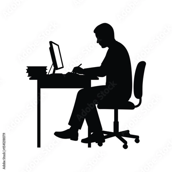 Fototapeta Student at desk silhouette vector illustration, studying person icon, education, school, learning design

