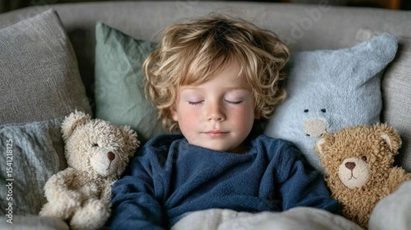 Obraz Peaceful Slumber: Child Sleeping with Teddy Bears