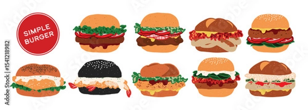 Fototapeta Set of isolated simple burgers. Cute hand drawn food, burger, in minimal plain colors style on a transparent background. Bread buns with various patty, beef, pork, chicken, fish, and sausage.